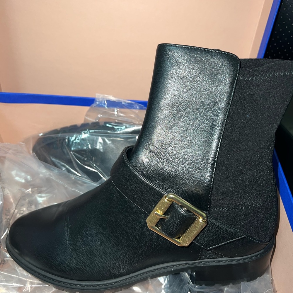 Stuart Weitzman City Buckle Black Ankle Booties Gold Buckle Leather
